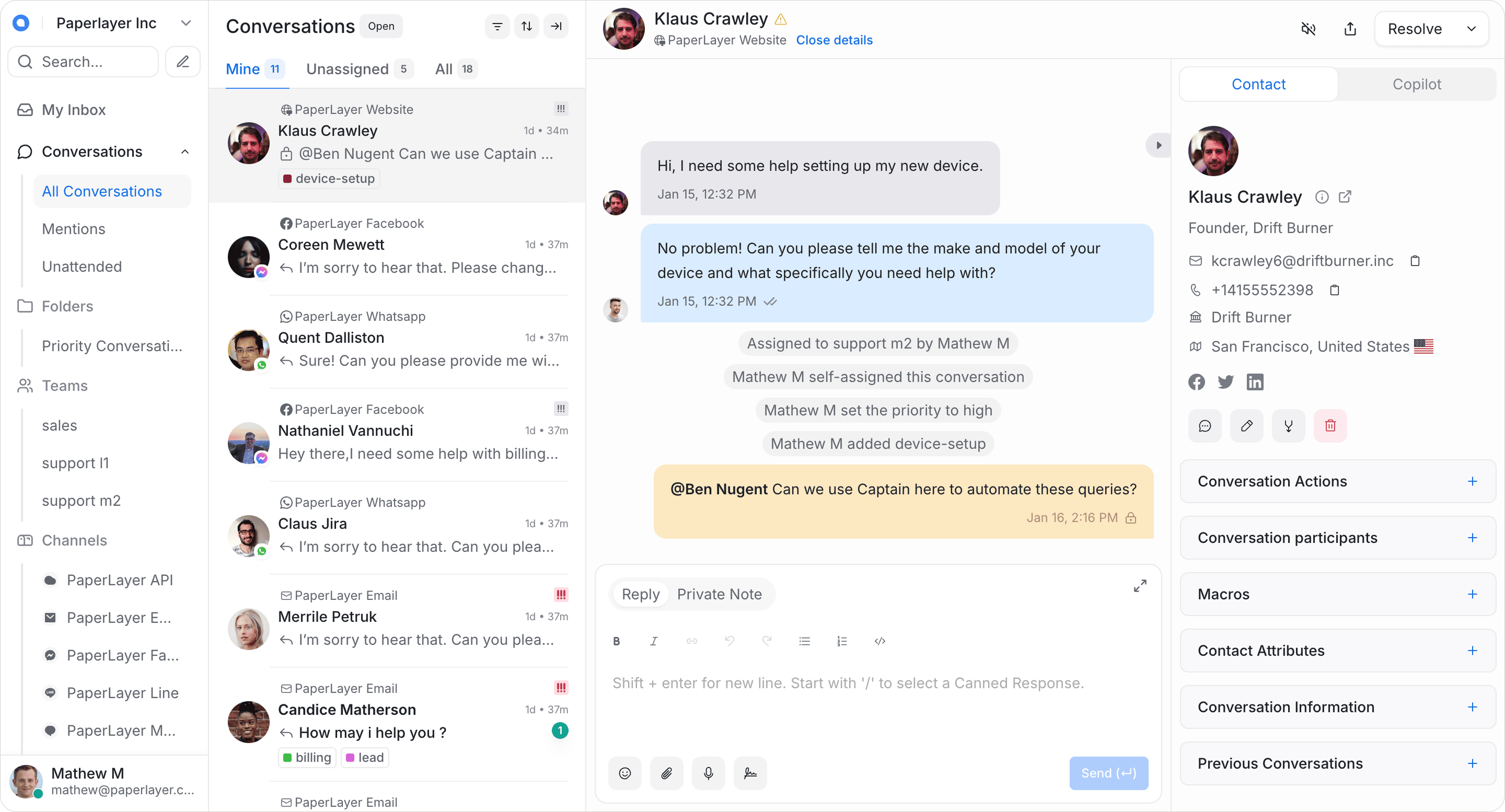 Tampilan dashboard inbox Rakachat untuk live chat dan customer support